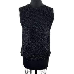 COS Black Silver Metallic Faux Fur Sleeveless Top Fuzzy Back Zip Party Evening 4